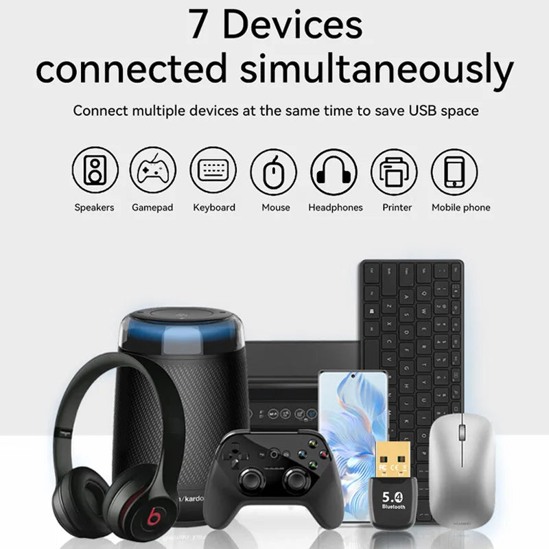 Bluetooth 5.4 USB Adapter Dongle for PC — Wireless Mouse & Keyboard, Audio Receiver/Transmitter, USB 3.0, Connects Up to 7 Devices, Plug & Play
