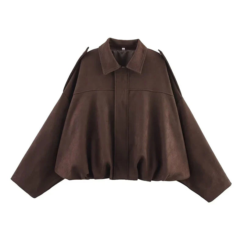 Women's Vintage Bomber Jacket Turn-Down Collar Long Sleeve Loose Fit Outerwear